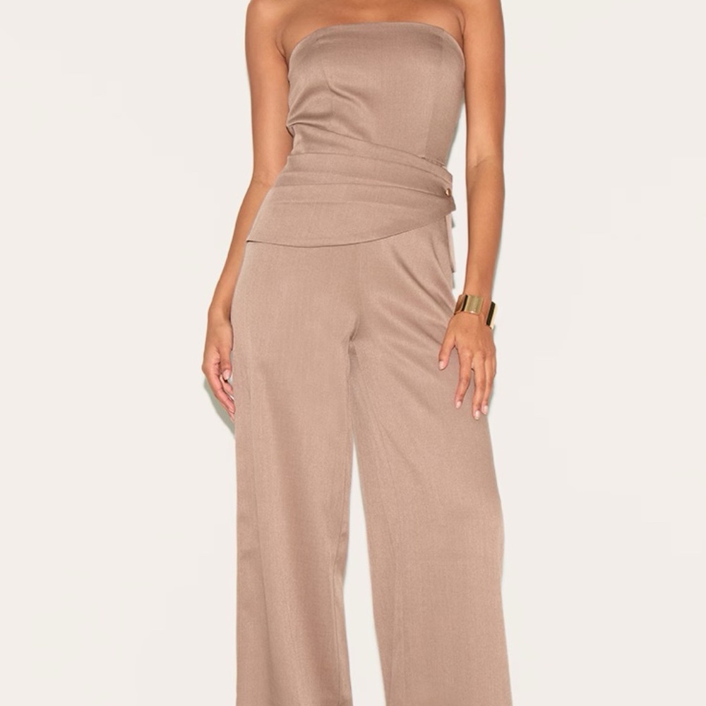 MUSHROOM WOVEN BANDEAU TIE DETAIL JUMPSUIT